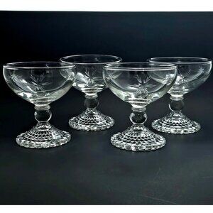 Anchor Hocking Bubble Foot Champagne Glasses 6oz cut glass starburst rays 4pc